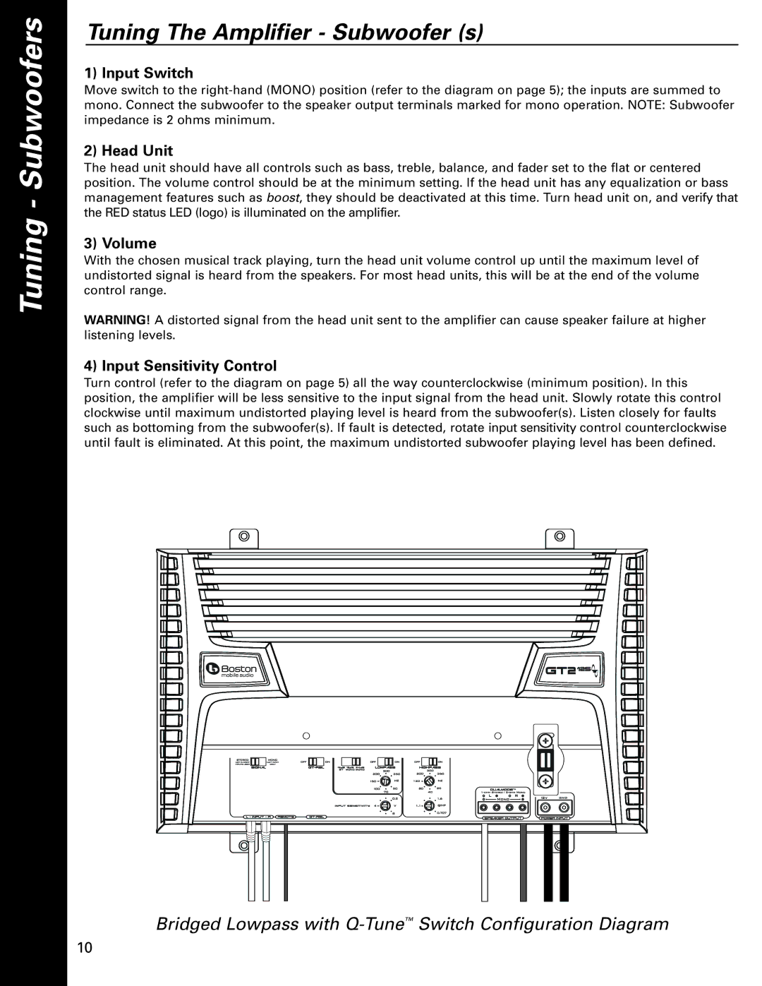 Boston Acoustics GT-2300, GT-2200, GT-275, GT-2125 Tuning Subwoofers, Tuning The Amplifier Subwoofer s, Input Switch 
