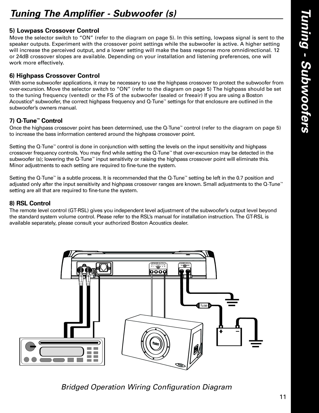 Boston Acoustics GT-2125, GT-2200, GT-275 Lowpass Crossover Control, Highpass Crossover Control TuneControl, RSL Control 