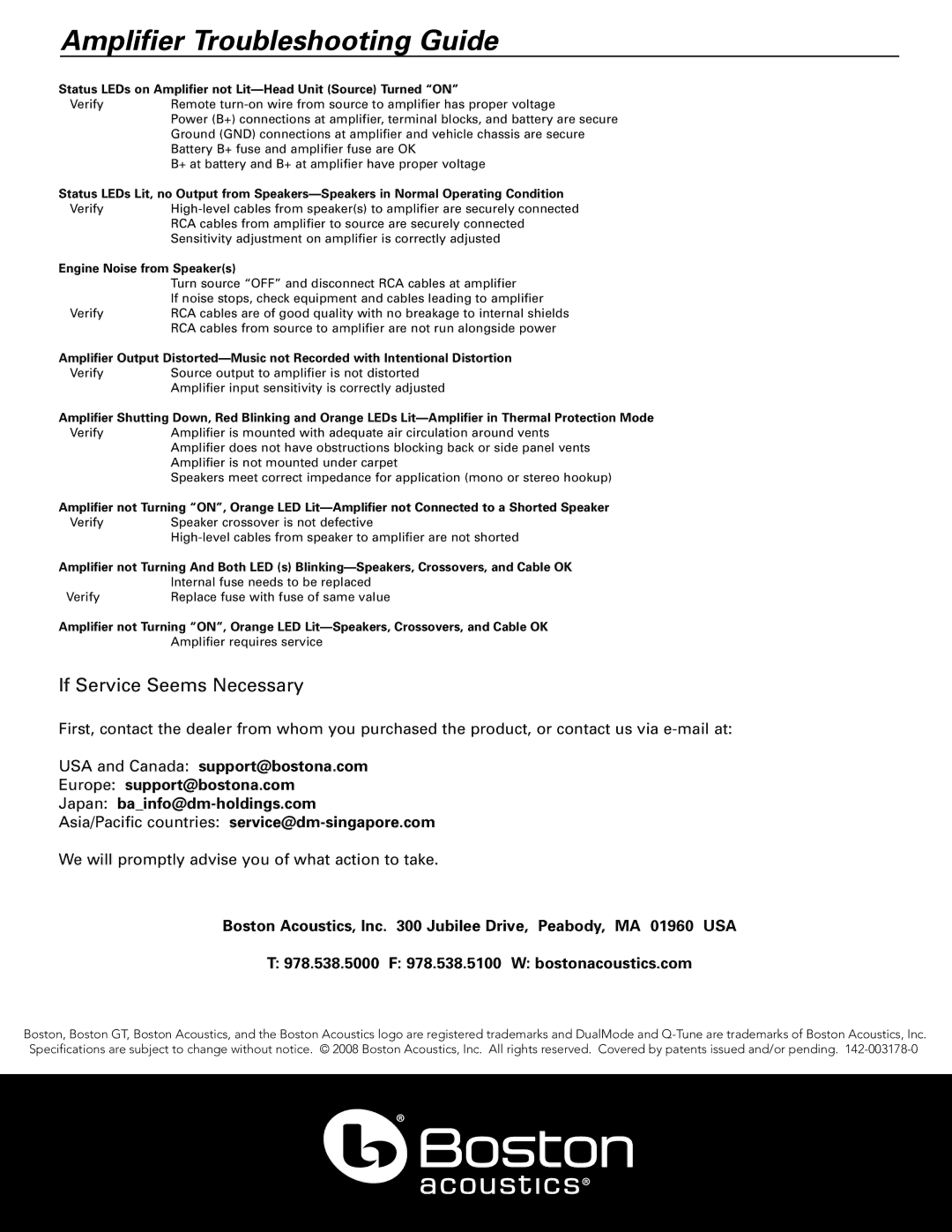 Boston Acoustics GT-2200 Amplifier Troubleshooting Guide, Status LEDs on Amplifier not Lit-Head Unit Source Turned on 