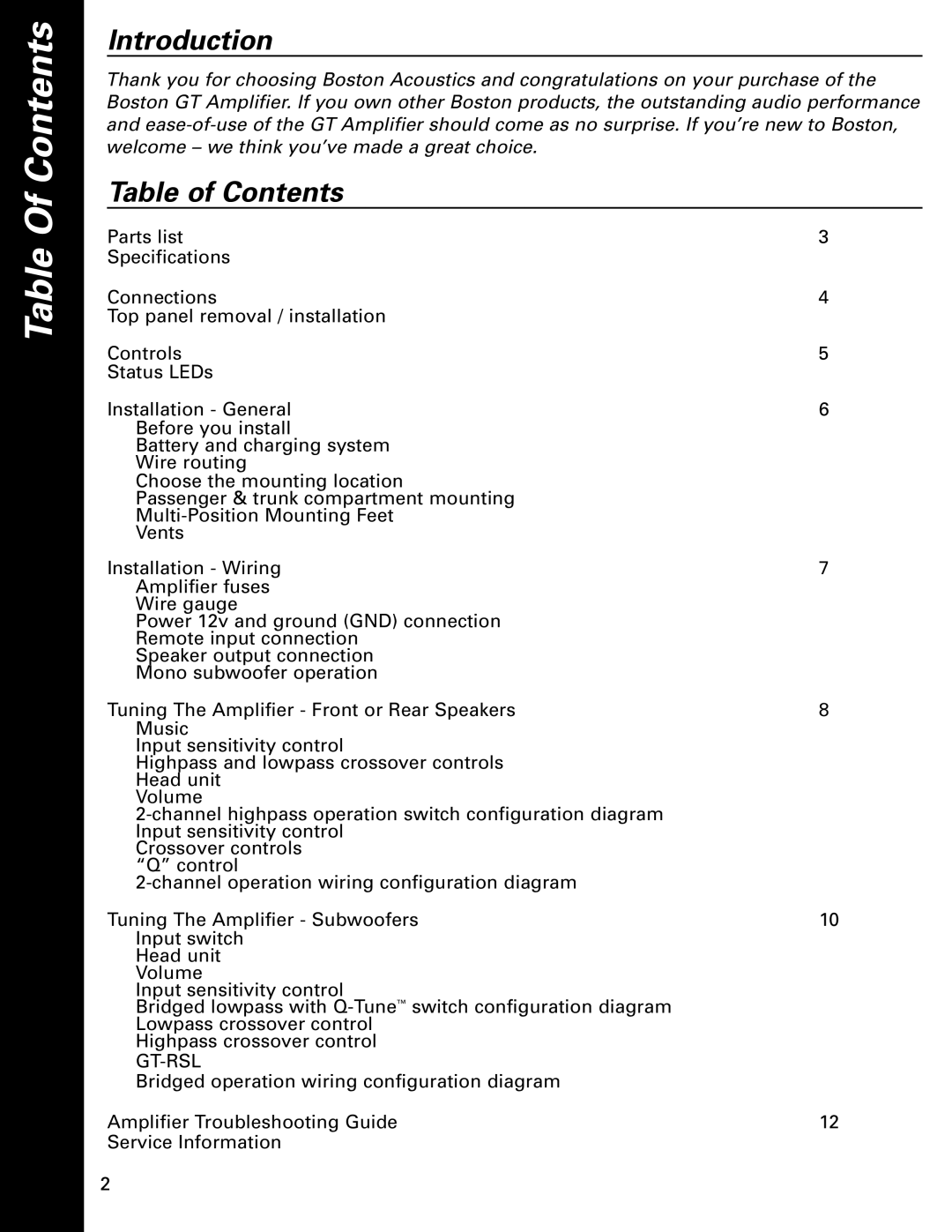 Boston Acoustics GT-2300, GT-2200, GT-275, GT-2125 owner manual Table Of Contents 