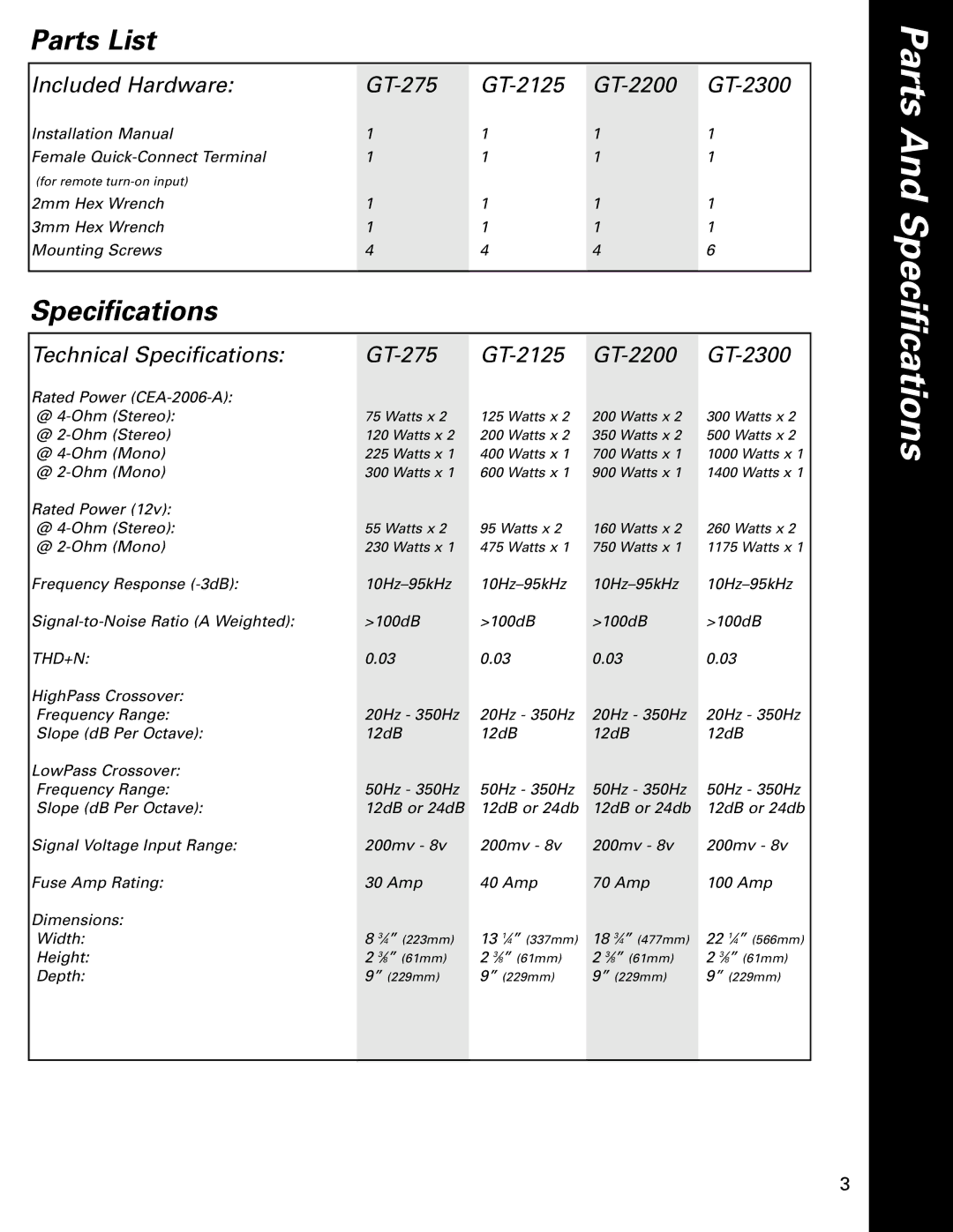 Boston Acoustics GT-2125, GT-2200, GT-275, GT-2300 owner manual Parts And Specifications, Parts List 