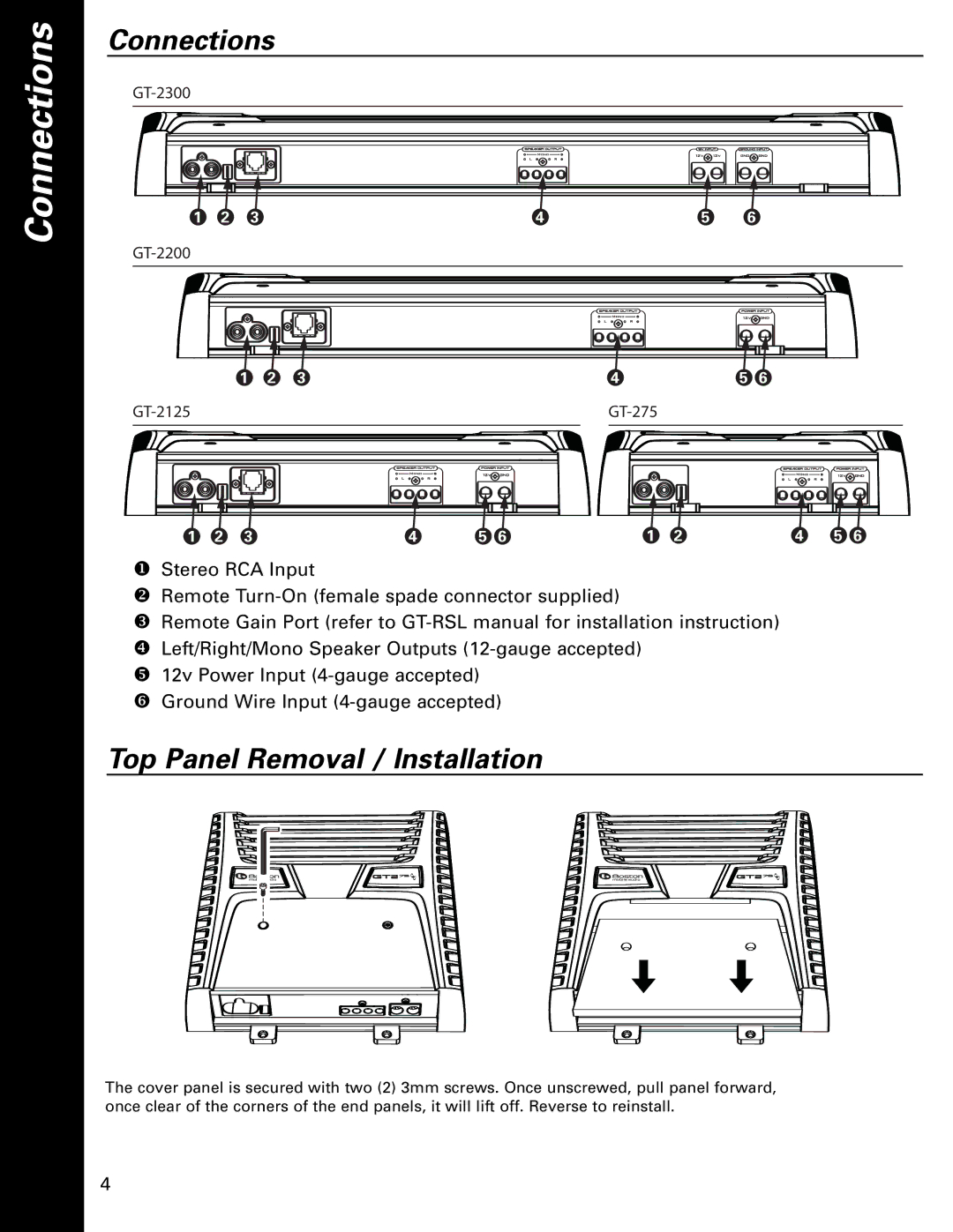 Boston Acoustics GT-2200, GT-275, GT-2300, GT-2125 owner manual Connections, Top Panel Removal / Installation 