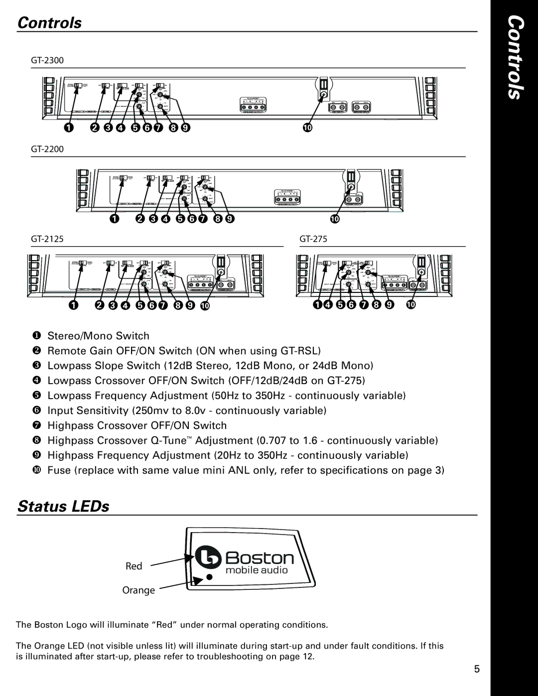 Boston Acoustics GT-275, GT-2200, GT-2300, GT-2125 owner manual Controls, Status LEDs 