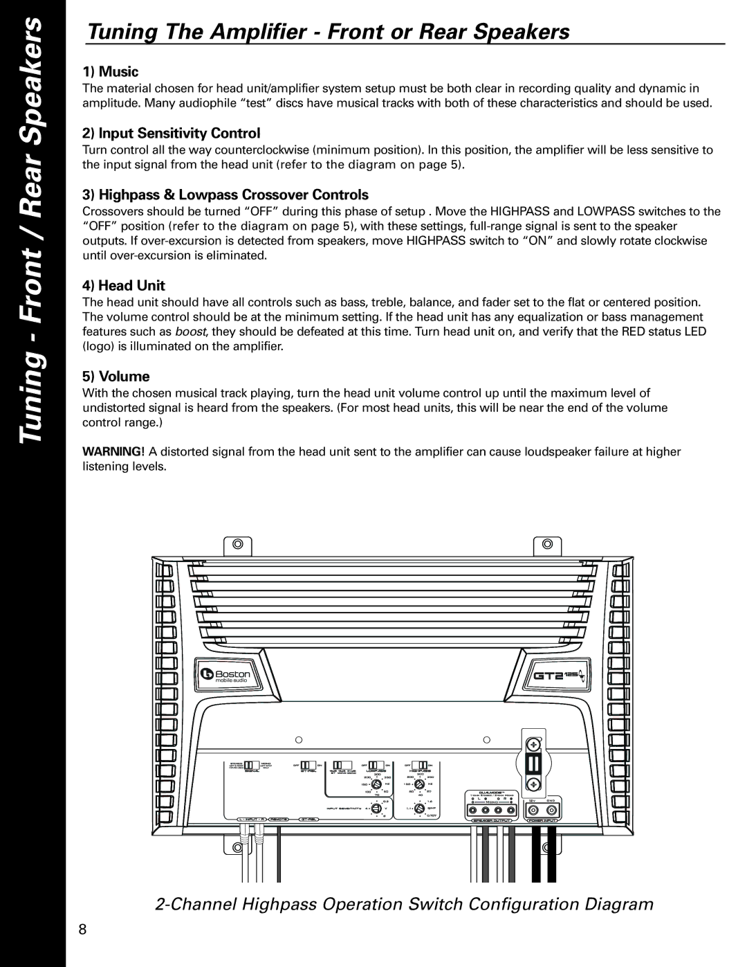 Boston Acoustics GT-2200, GT-275, GT-2300, GT-2125 Tuning Front / Rear Speakers, Tuning The Amplifier Front or Rear Speakers 