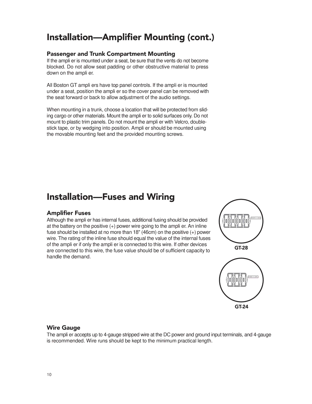 Boston Acoustics GT-28, GT-24 Installation-Fuses and Wiring, Passenger and Trunk Compartment Mounting, Ampliﬁer Fuses 