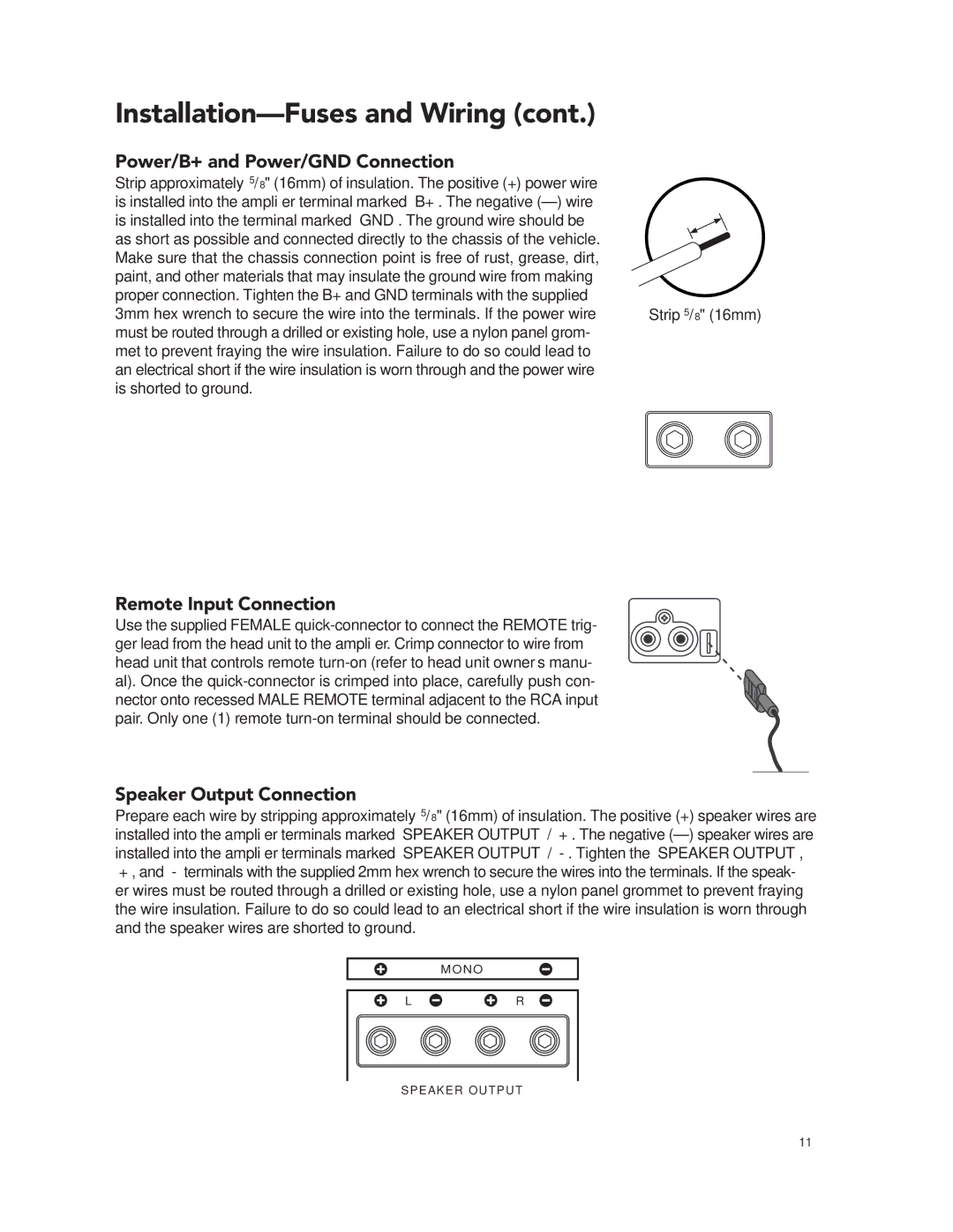 Boston Acoustics GT-28, GT-24 manual Power/B+ and Power/GND Connection, Remote Input Connection, Speaker Output Connection 