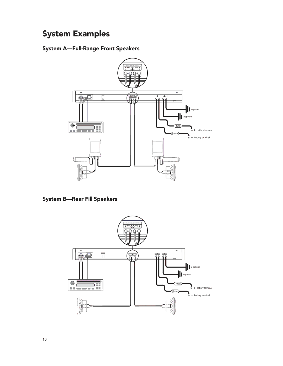 Boston Acoustics GT-28, GT-24 manual System Examples, System A-Full-Range Front Speakers, System B-Rear Fill Speakers 