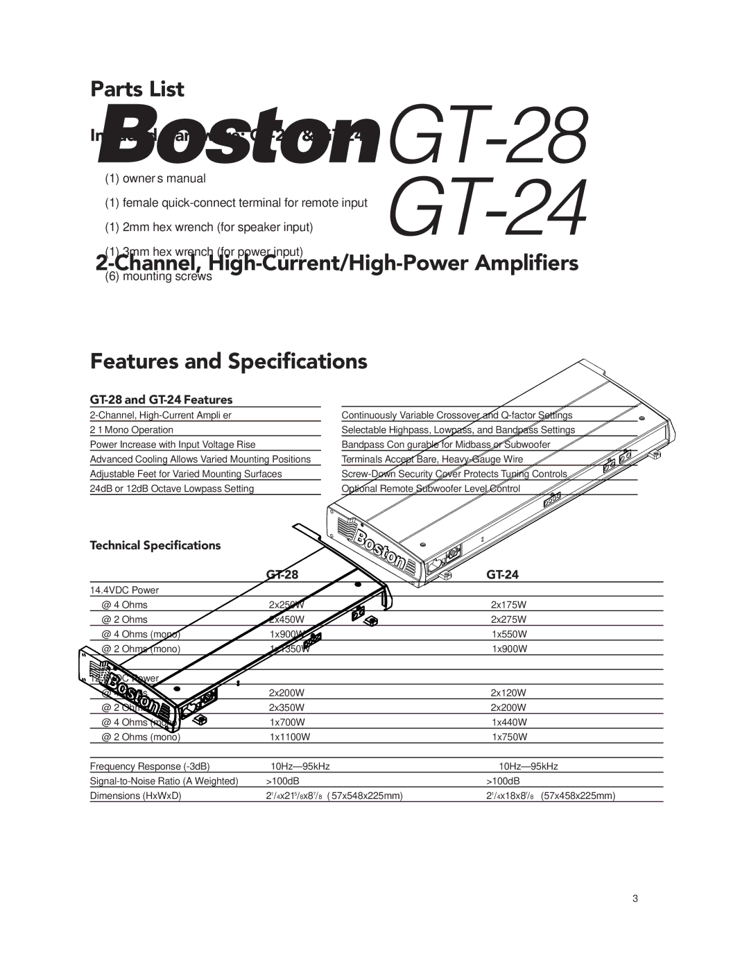 Boston Acoustics GT-28, GT-24 manual Parts List, Features and Speciﬁcations 