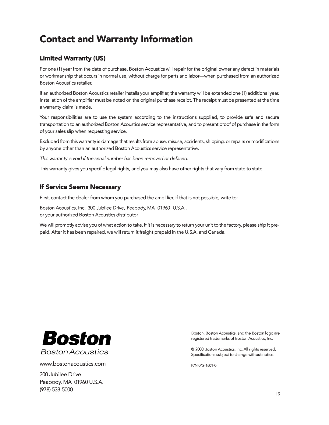 Boston Acoustics GT-28, GT-24 manual Contact and Warranty Information, Limited Warranty US, If Service Seems Necessary 