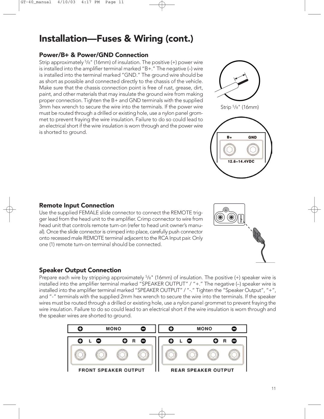 Boston Acoustics GT-40 manual Power/B+ & Power/GND Connection, Remote Input Connection, Speaker Output Connection 