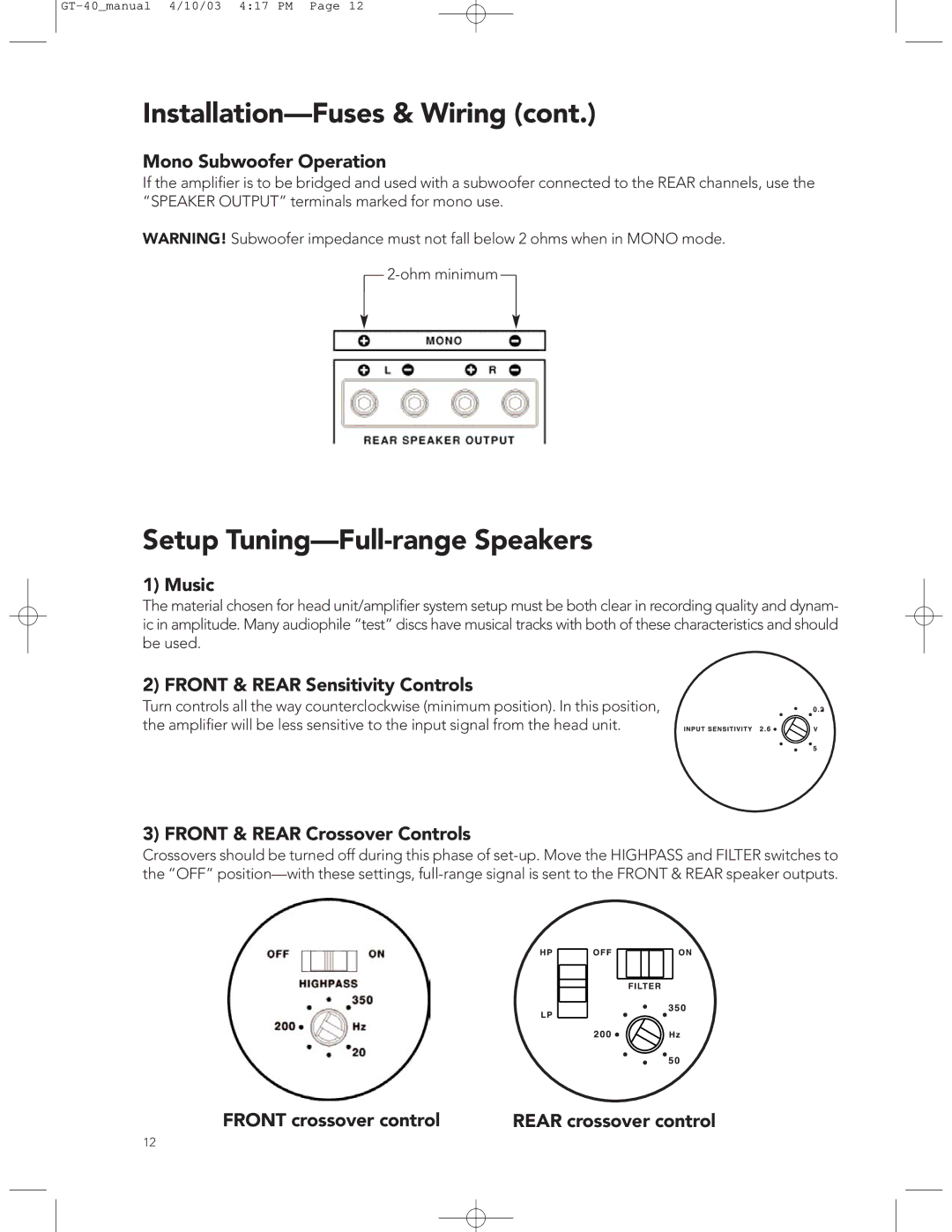 Boston Acoustics GT-40 manual Setup Tuning-Full-range Speakers 