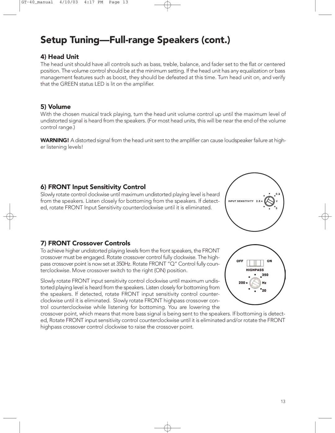 Boston Acoustics GT-40 manual Head Unit, Volume, Front Input Sensitivity Control, Front Crossover Controls 