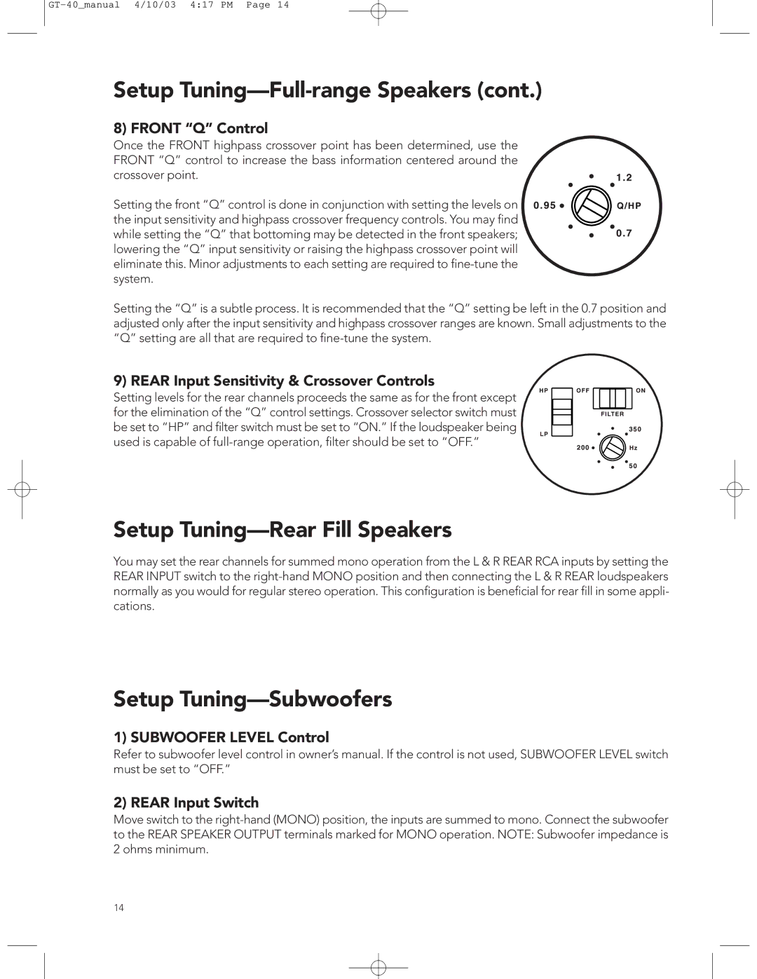 Boston Acoustics GT-40 manual Setup Tuning-Rear Fill Speakers, Setup Tuning-Subwoofers, Front Q Control 