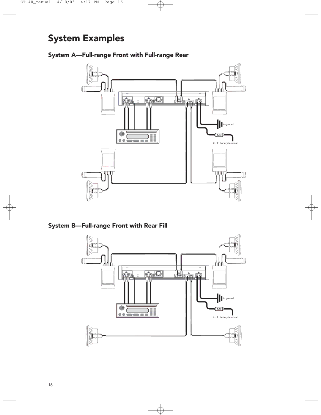 Boston Acoustics GT-40 manual System Examples, System A-Full-range Front with Full-range Rear 