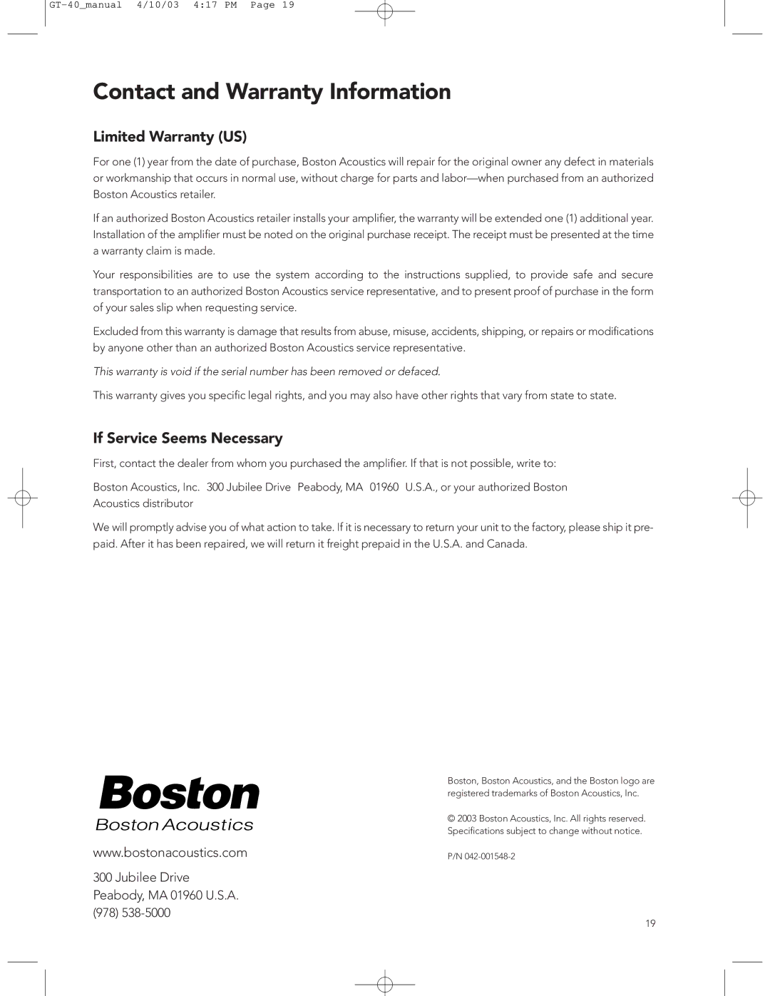 Boston Acoustics GT-40 manual Contact and Warranty Information, Limited Warranty US, If Service Seems Necessary 