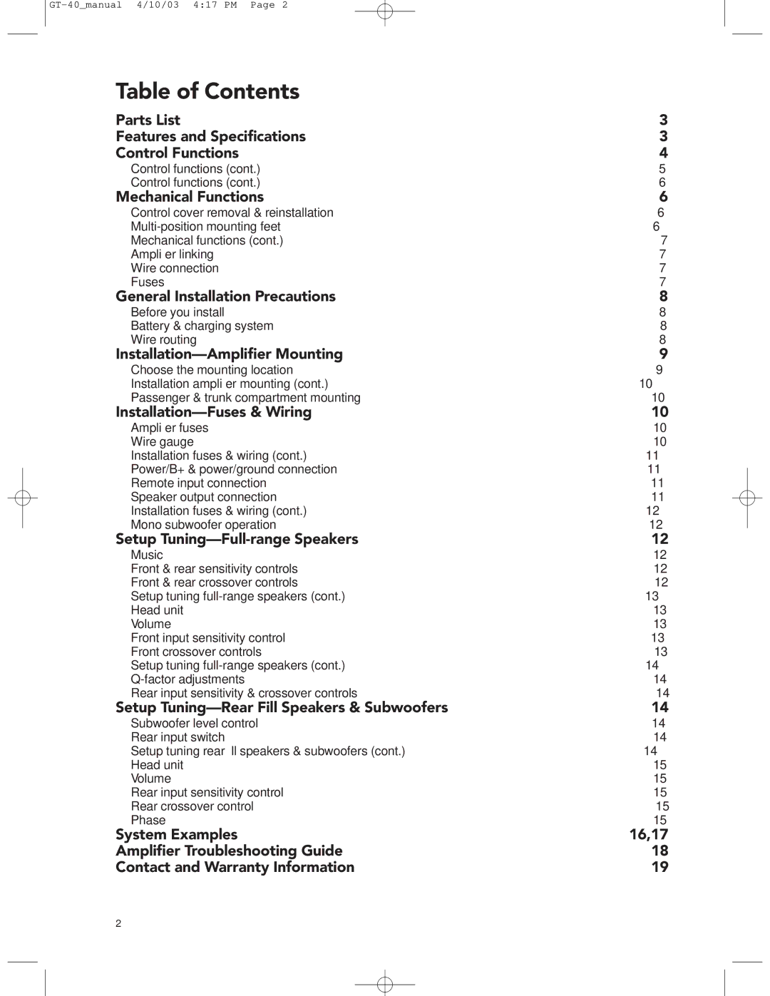 Boston Acoustics GT-40 manual Table of Contents 