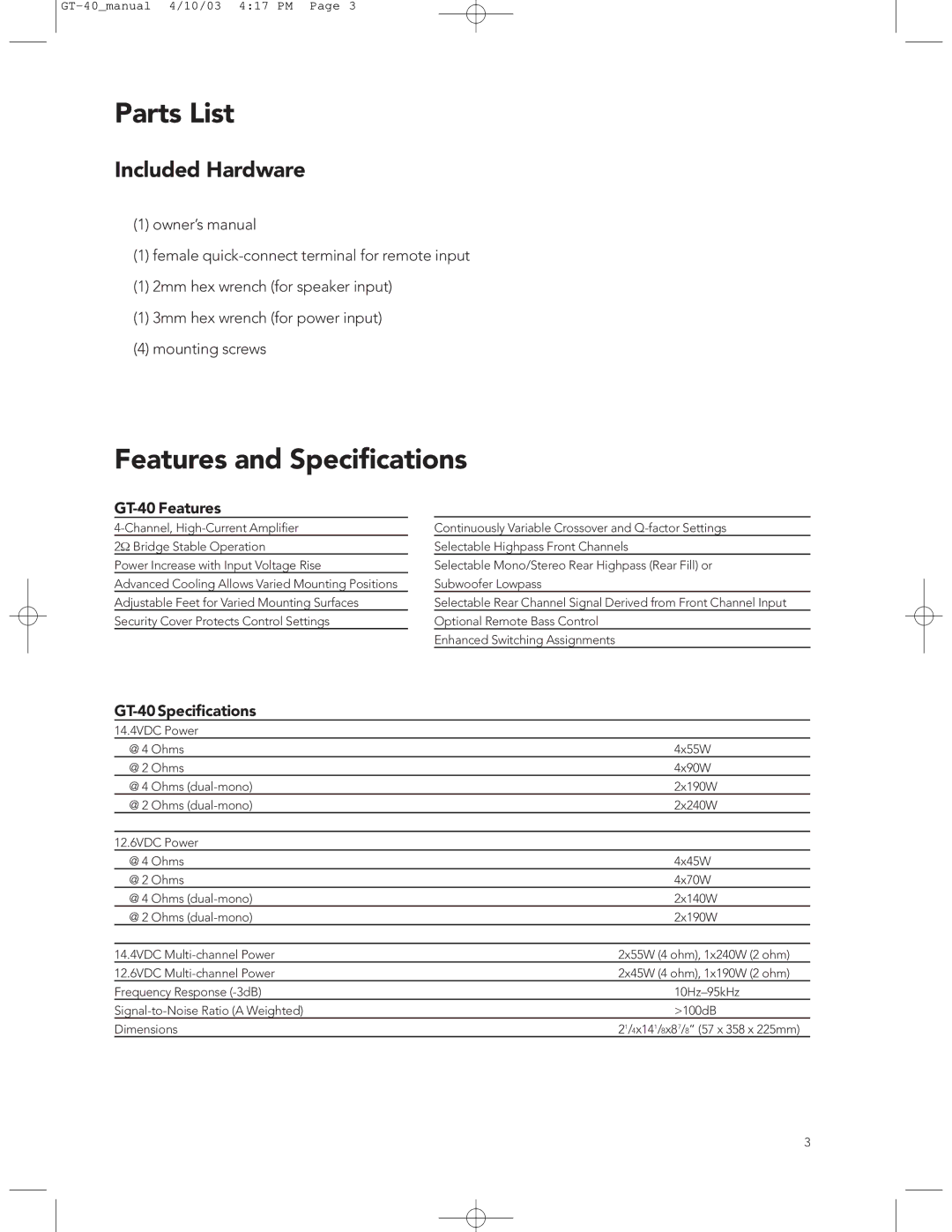 Boston Acoustics GT-40 manual Parts List, Features and Speciﬁcations 