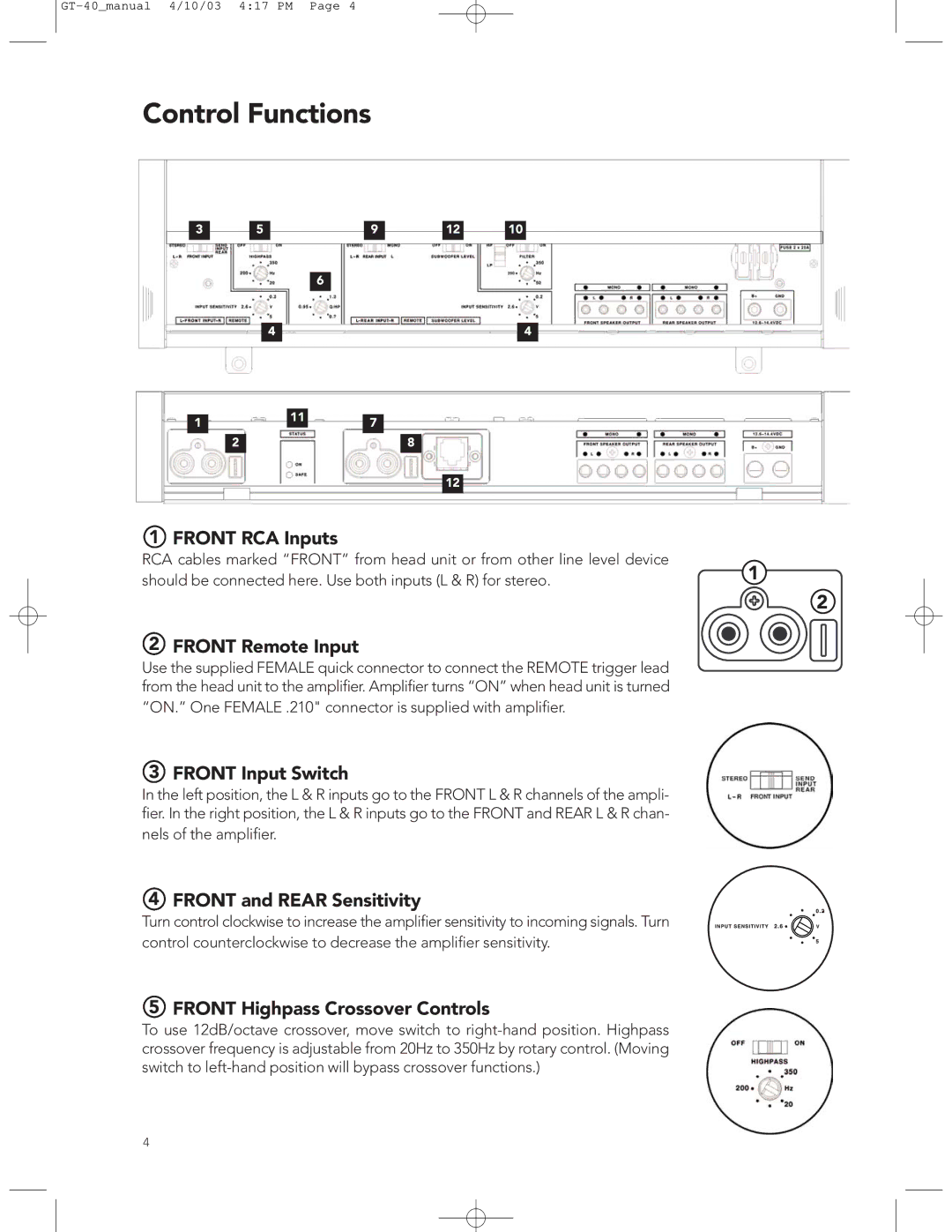 Boston Acoustics GT-40 manual Control Functions 