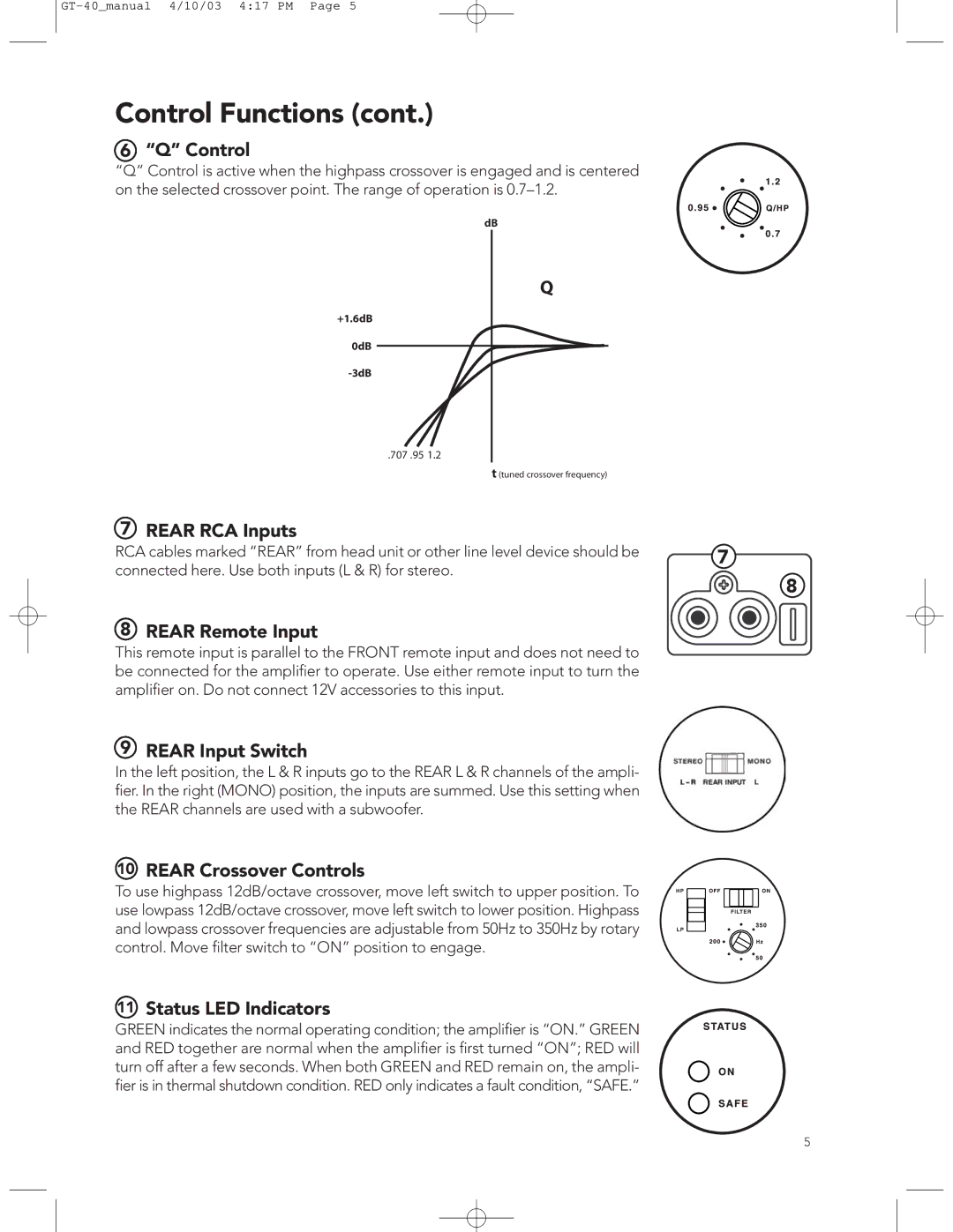 Boston Acoustics GT-40 manual Rear RCA Inputs, Rear Remote Input, Rear Input Switch, Rear Crossover Controls 