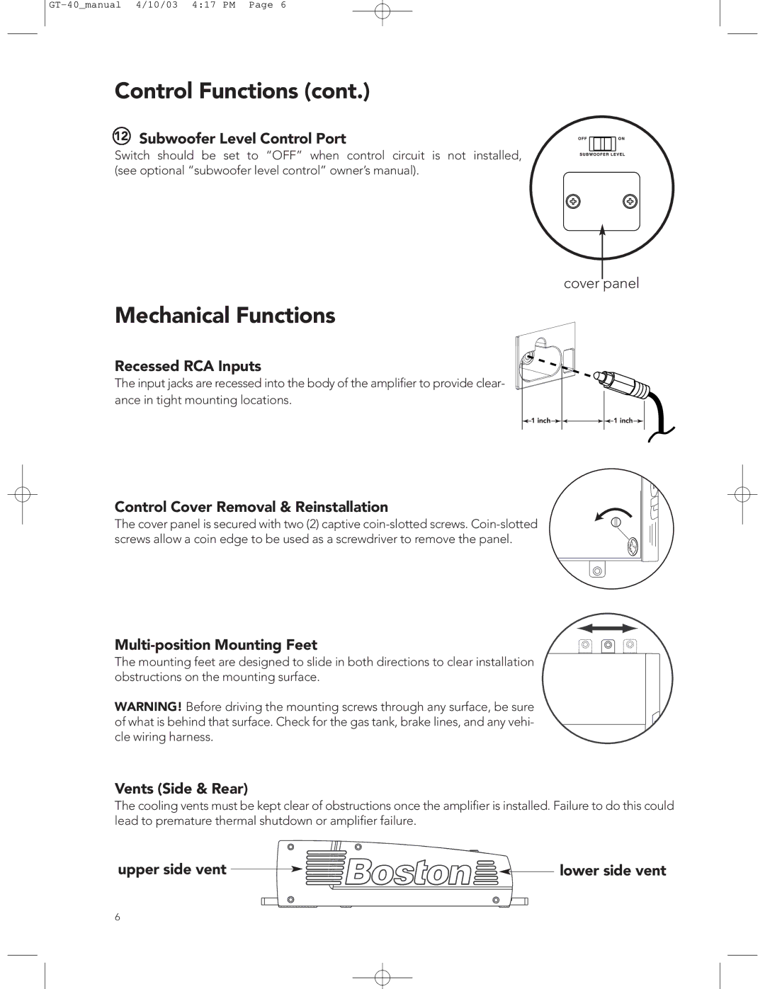 Boston Acoustics GT-40 manual Mechanical Functions 