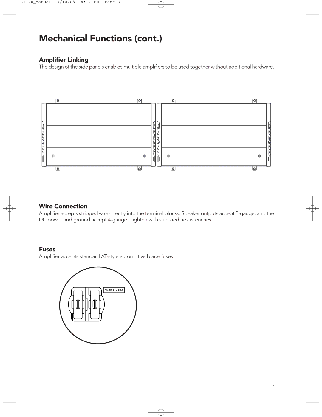 Boston Acoustics GT-40 manual Ampliﬁer Linking, Wire Connection, Fuses 