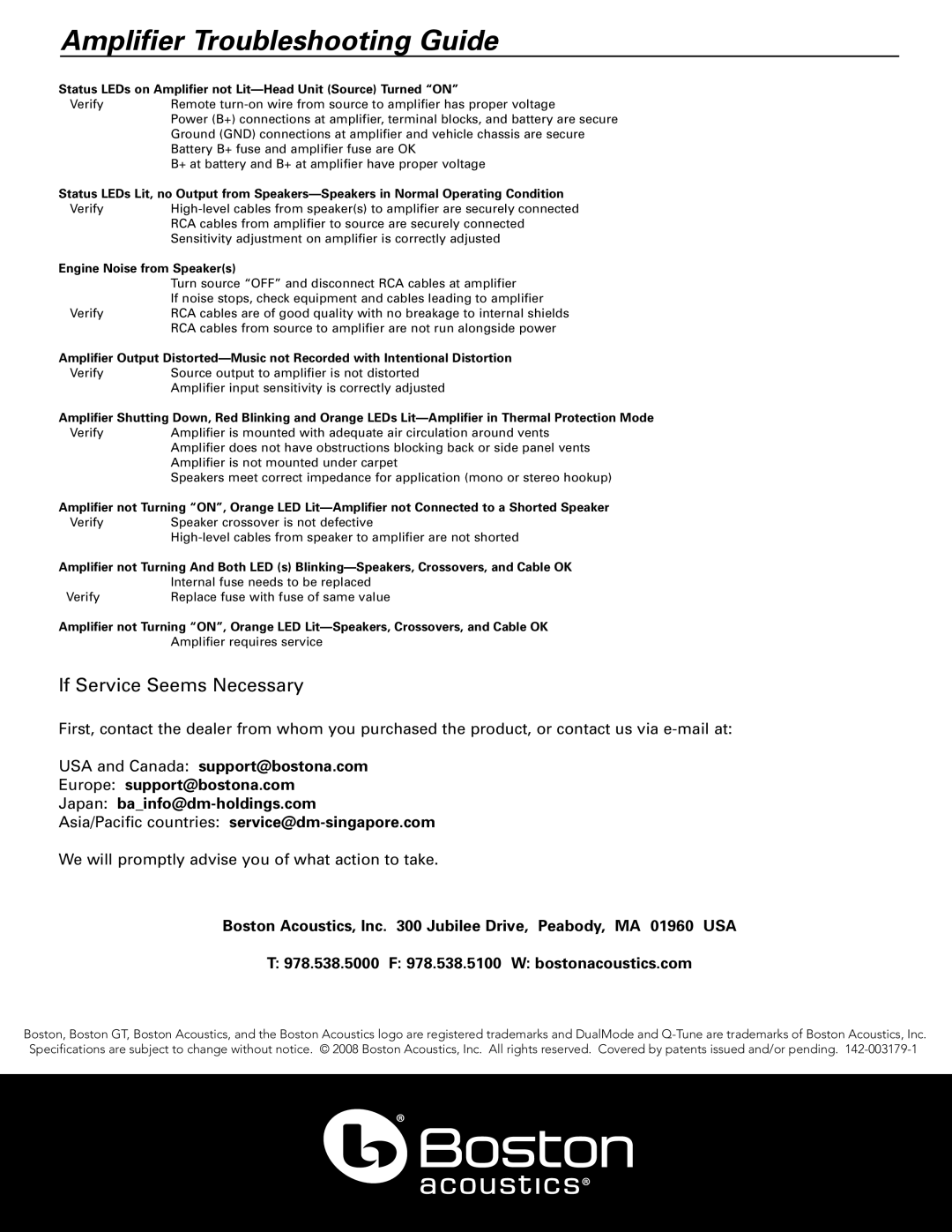 Boston Acoustics GT-4100 Amplifier Troubleshooting Guide, Status LEDs on Amplifier not Lit-Head Unit Source Turned on 