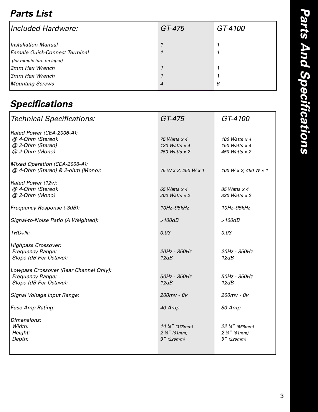 Boston Acoustics GT-475, GT-4100 owner manual Parts And Specifications, Parts List 