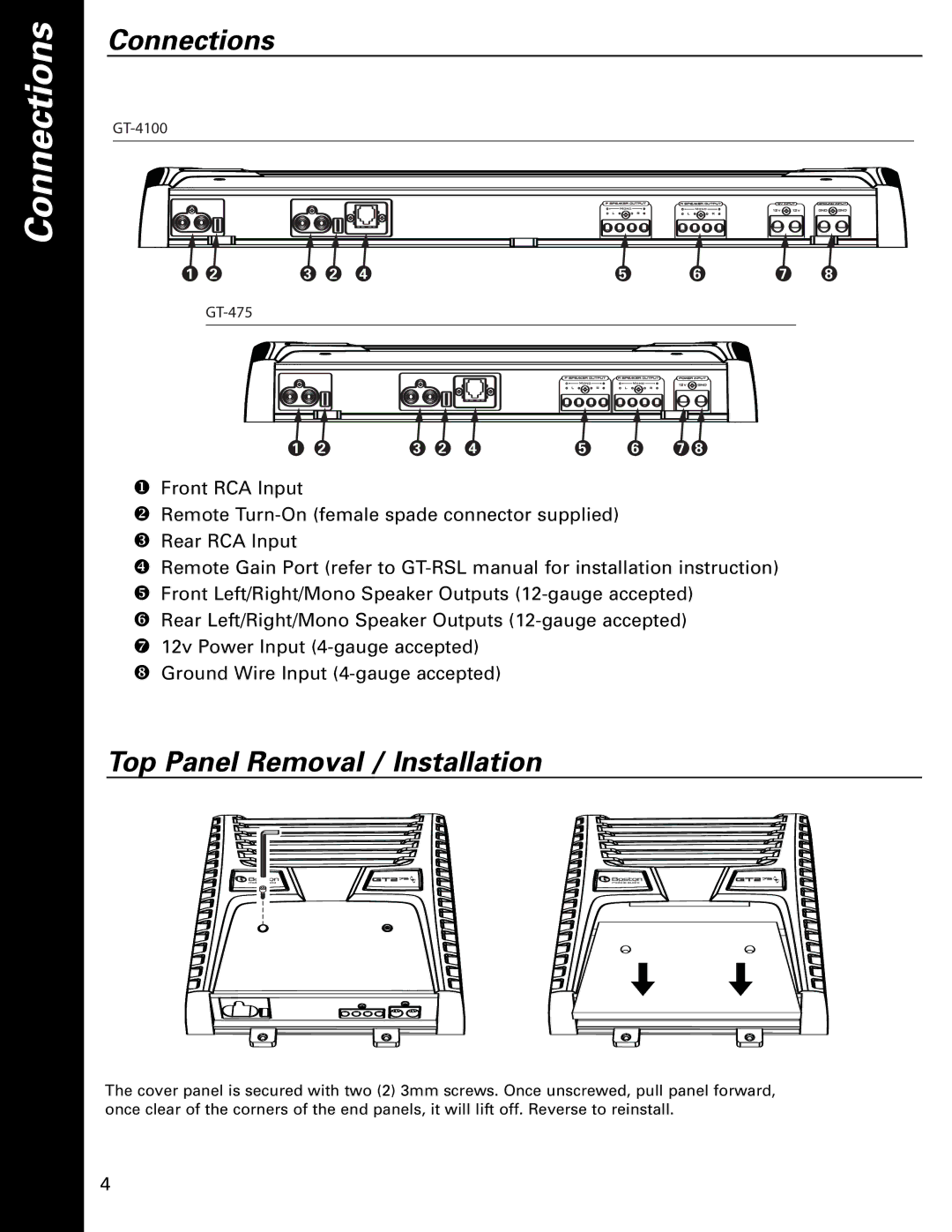 Boston Acoustics GT-4100, GT-475 owner manual Connections, Top Panel Removal / Installation 