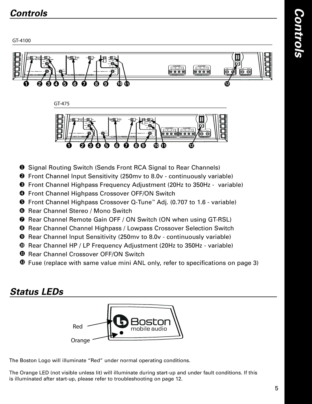 Boston Acoustics GT-475, GT-4100 owner manual Controls, Status LEDs 