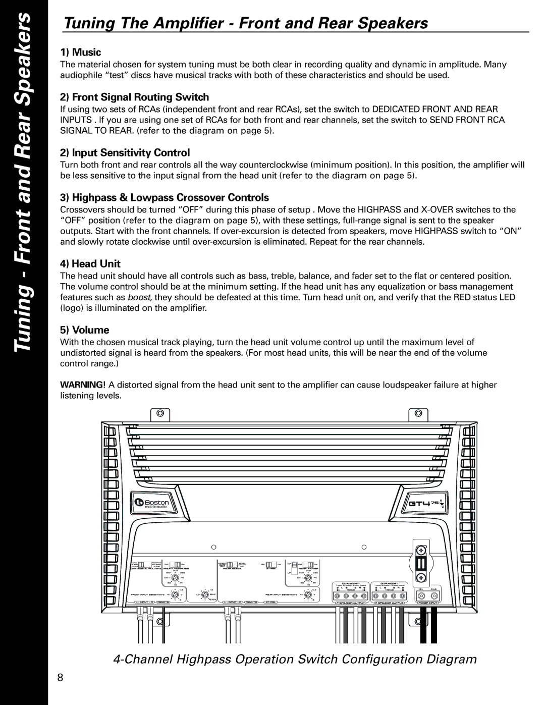 Boston Acoustics GT-4100, GT-475 owner manual Tuning Front and Rear Speakers, Tuning The Amplifier Front and Rear Speakers 