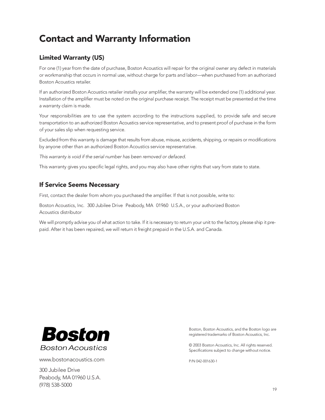 Boston Acoustics GT-424-Channel manual Contact and Warranty Information, Limited Warranty US, If Service Seems Necessary 