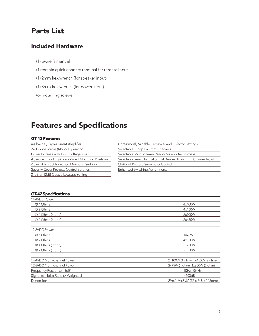 Boston Acoustics GT-424-Channel manual Parts List, Features and Speciﬁcations 