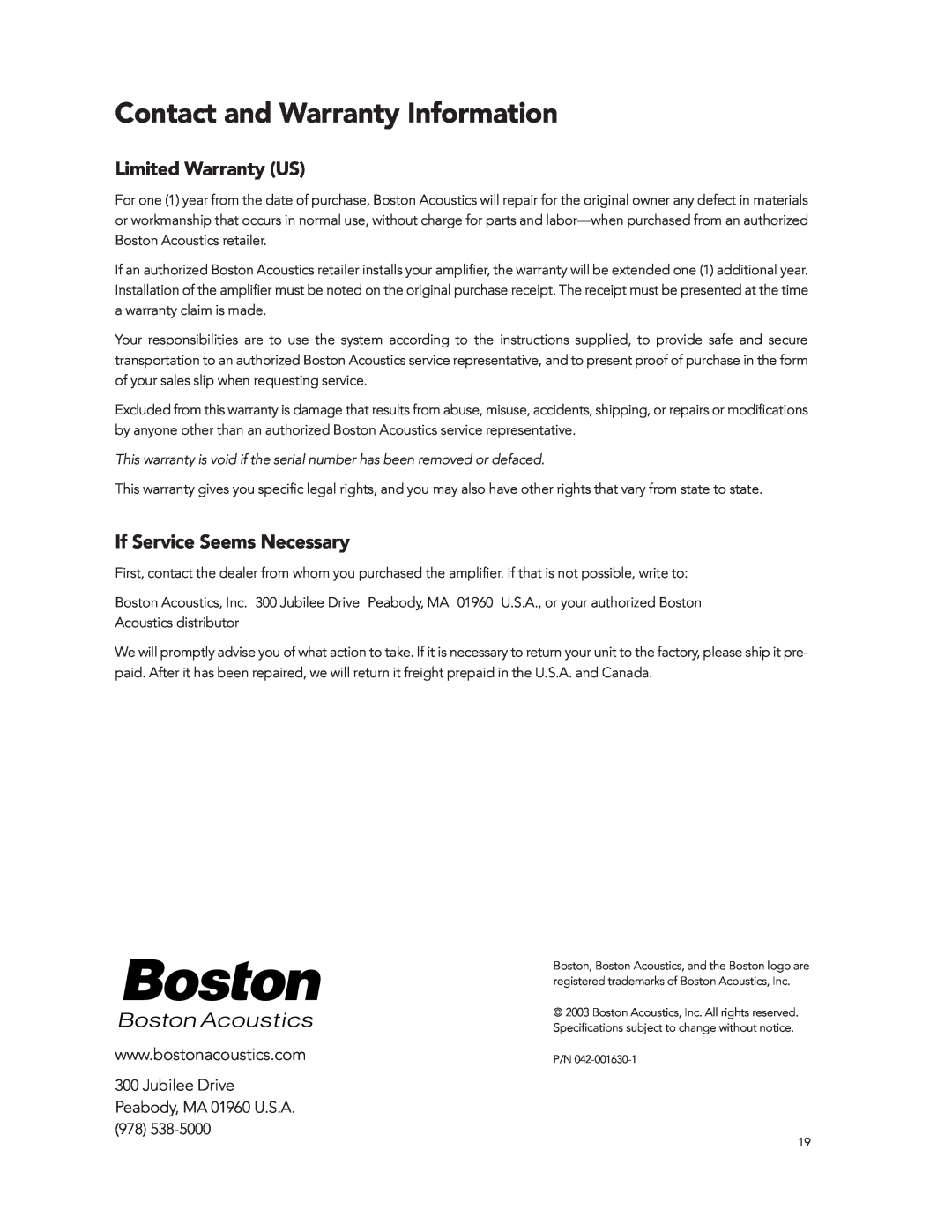 Boston Acoustics GT-424-Channel manual Contact and Warranty Information, Limited Warranty US, If Service Seems Necessary 