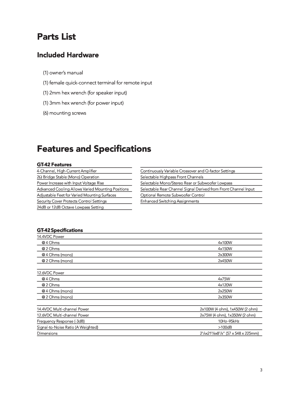 Boston Acoustics manual Parts List, Features and Speciﬁcations, GT-42Features, GT-42Speciﬁcations, Included Hardware 
