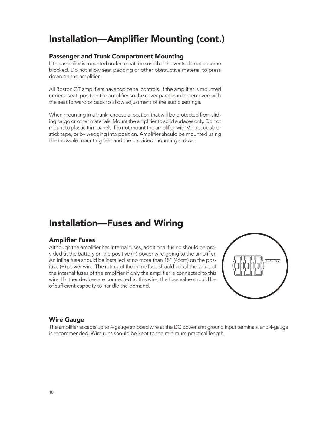 Boston Acoustics GT-50 Installation-Fuses and Wiring, Passenger and Trunk Compartment Mounting, Ampliﬁer Fuses, Wire Gauge 