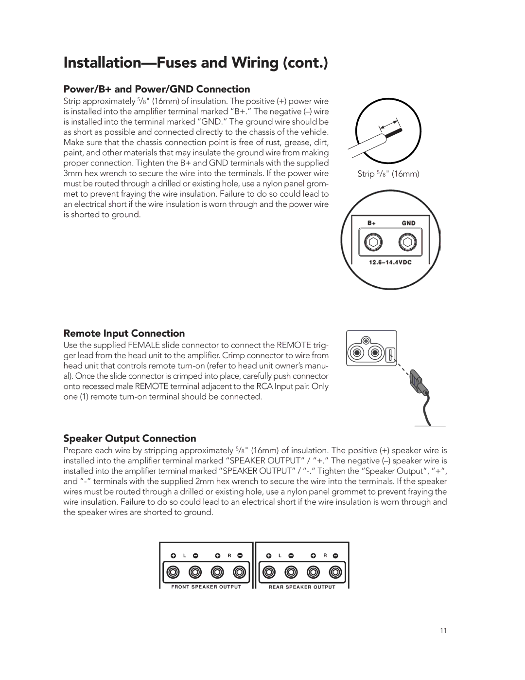 Boston Acoustics GT-50 manual Power/B+ and Power/GND Connection, Remote Input Connection, Speaker Output Connection 