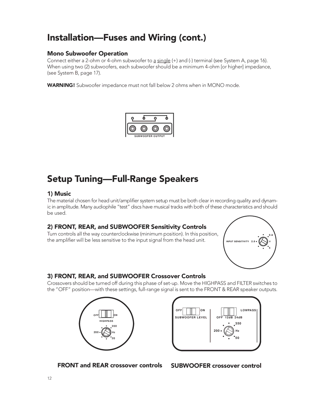 Boston Acoustics GT-50 manual Setup Tuning-Full-Range Speakers, Mono Subwoofer Operation, Music 