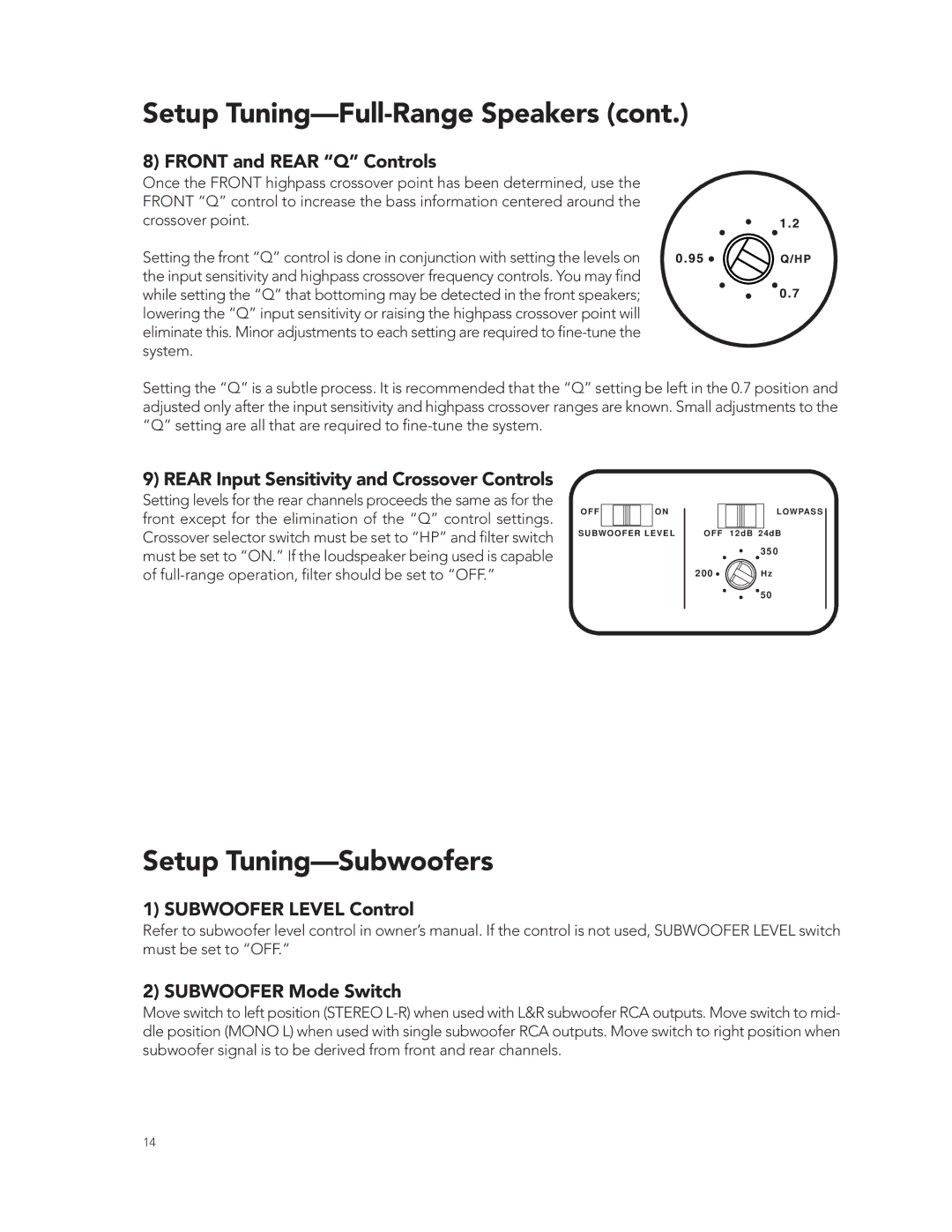 Boston Acoustics GT-50 manual Setup Tuning-Subwoofers, Subwoofer Level Control Subwoofer Mode Switch 