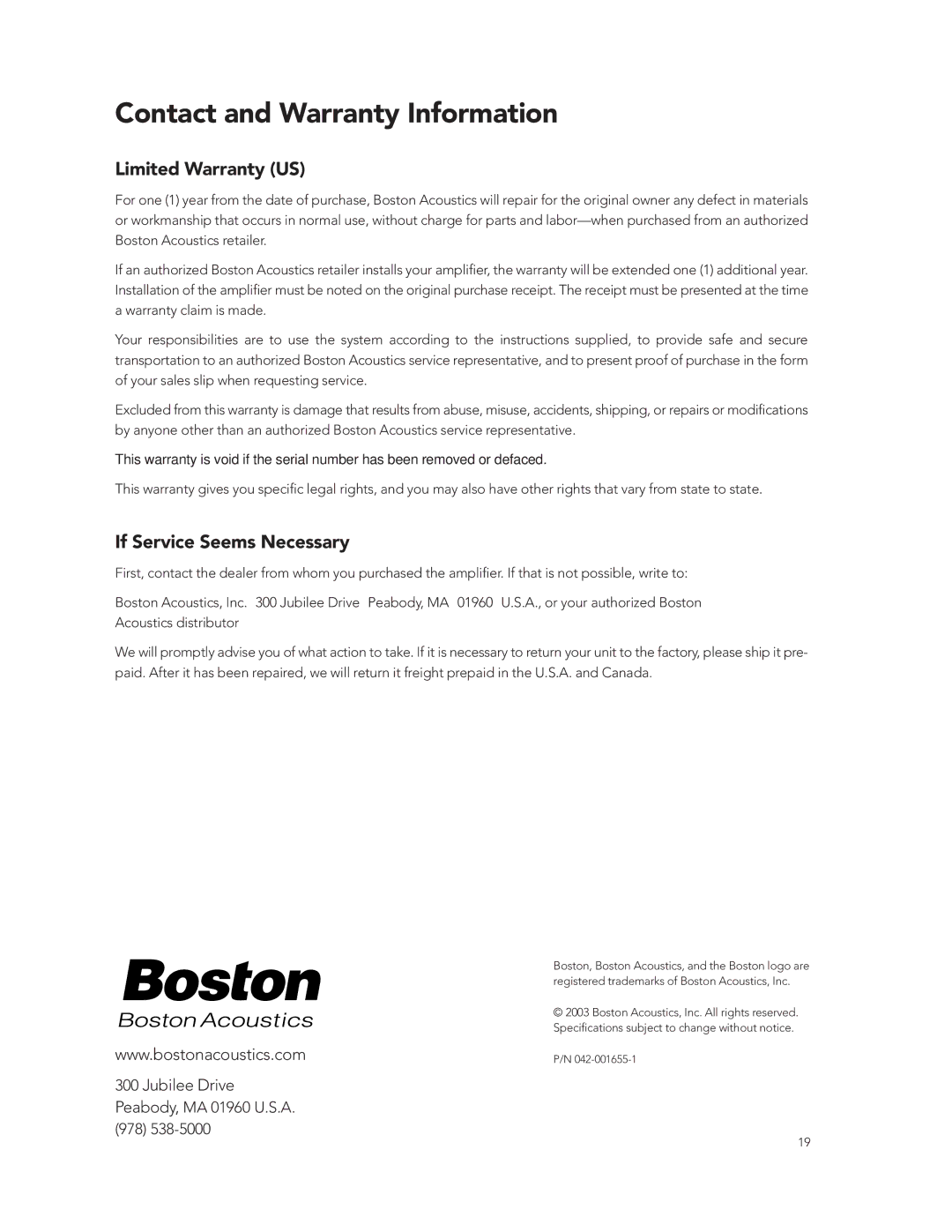 Boston Acoustics GT-50 manual Contact and Warranty Information, Limited Warranty US, If Service Seems Necessary 