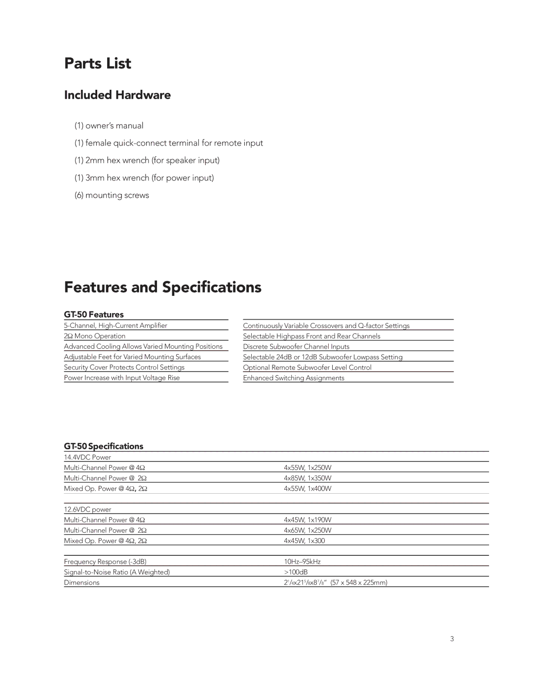 Boston Acoustics GT-50 manual Parts List, Features and Speciﬁcations 