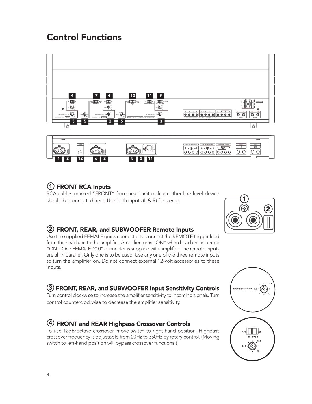 Boston Acoustics GT-50 manual Control Functions, Front RCA Inputs, FRONT, REAR, and Subwoofer Remote Inputs 