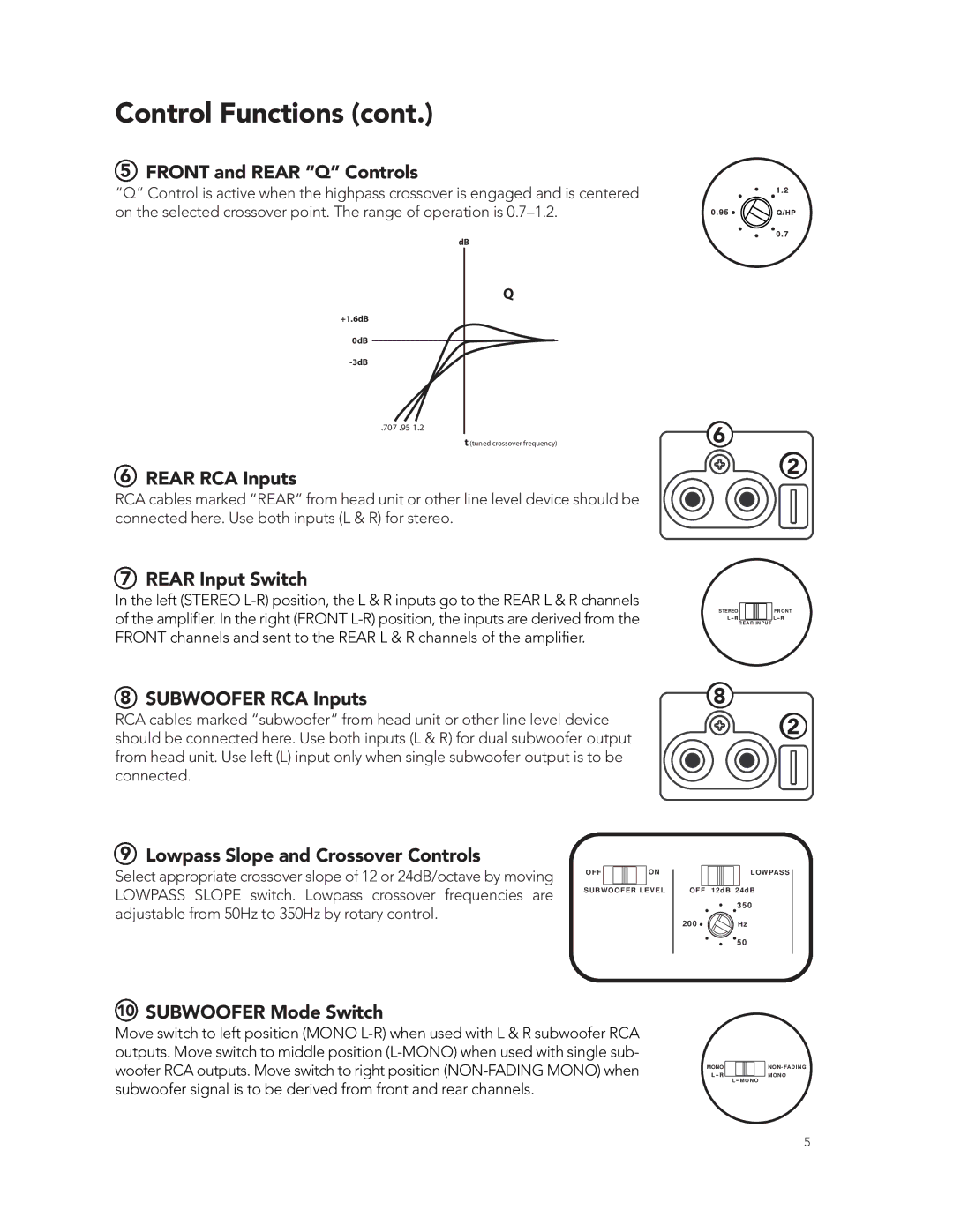 Boston Acoustics GT-50 manual Front and Rear Q Controls, Rear RCA Inputs, Rear Input Switch, Subwoofer RCA Inputs 