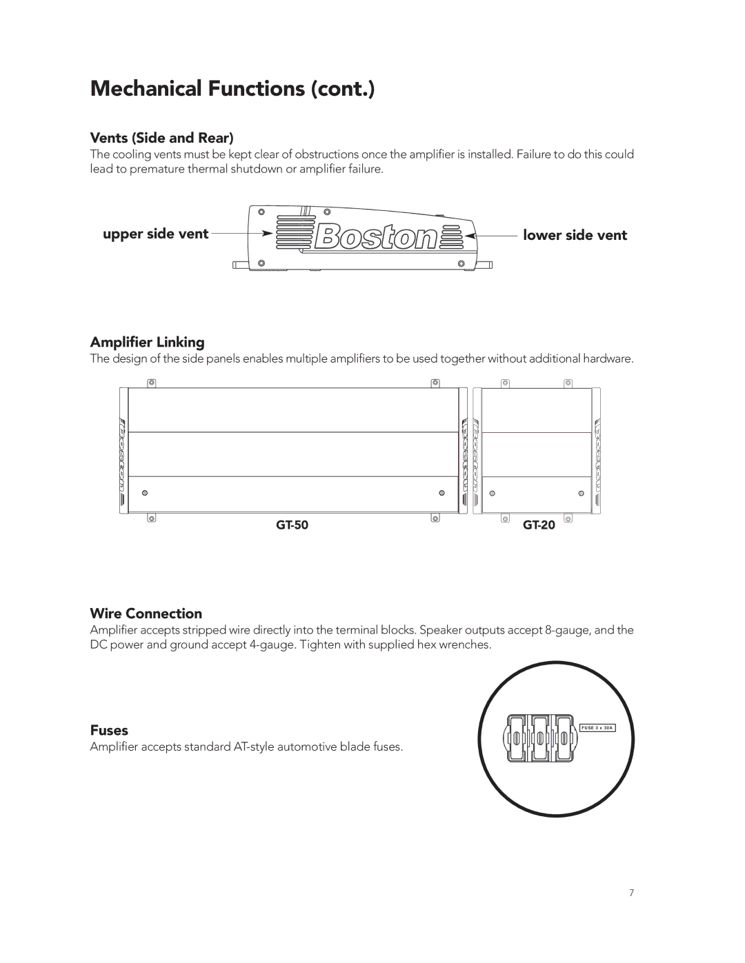 Boston Acoustics GT-50 manual Vents Side and Rear, Upper side vent lower side vent Ampliﬁer Linking, Wire Connection, Fuses 