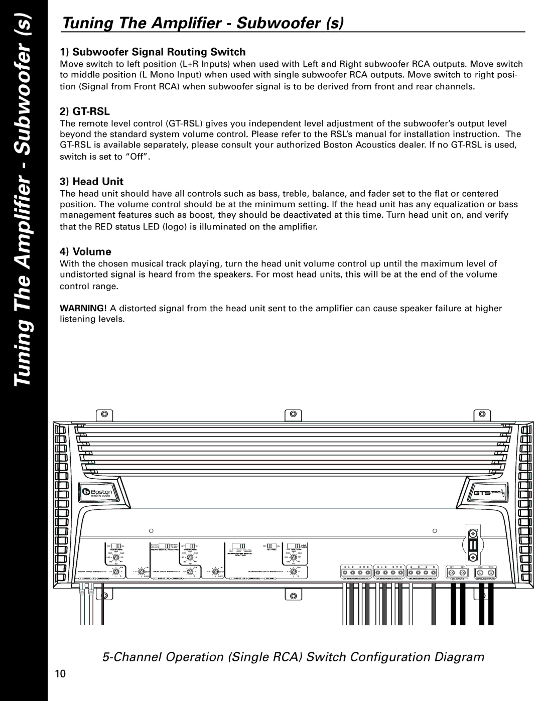 Boston Acoustics GT-5750 owner manual Tuning The Amplifier Subwoofer s, Subwoofer Signal Routing Switch 