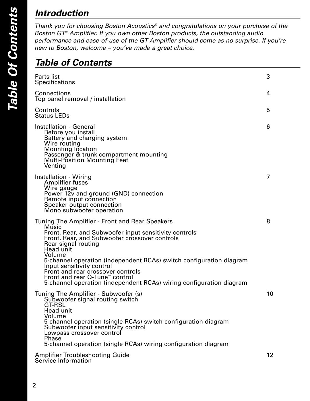 Boston Acoustics GT-5750 owner manual Table Of Contents 