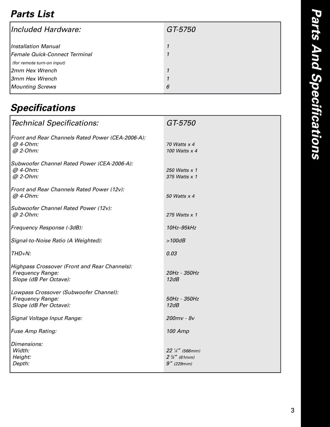 Boston Acoustics GT-5750 owner manual Parts And Specifications, Parts List 