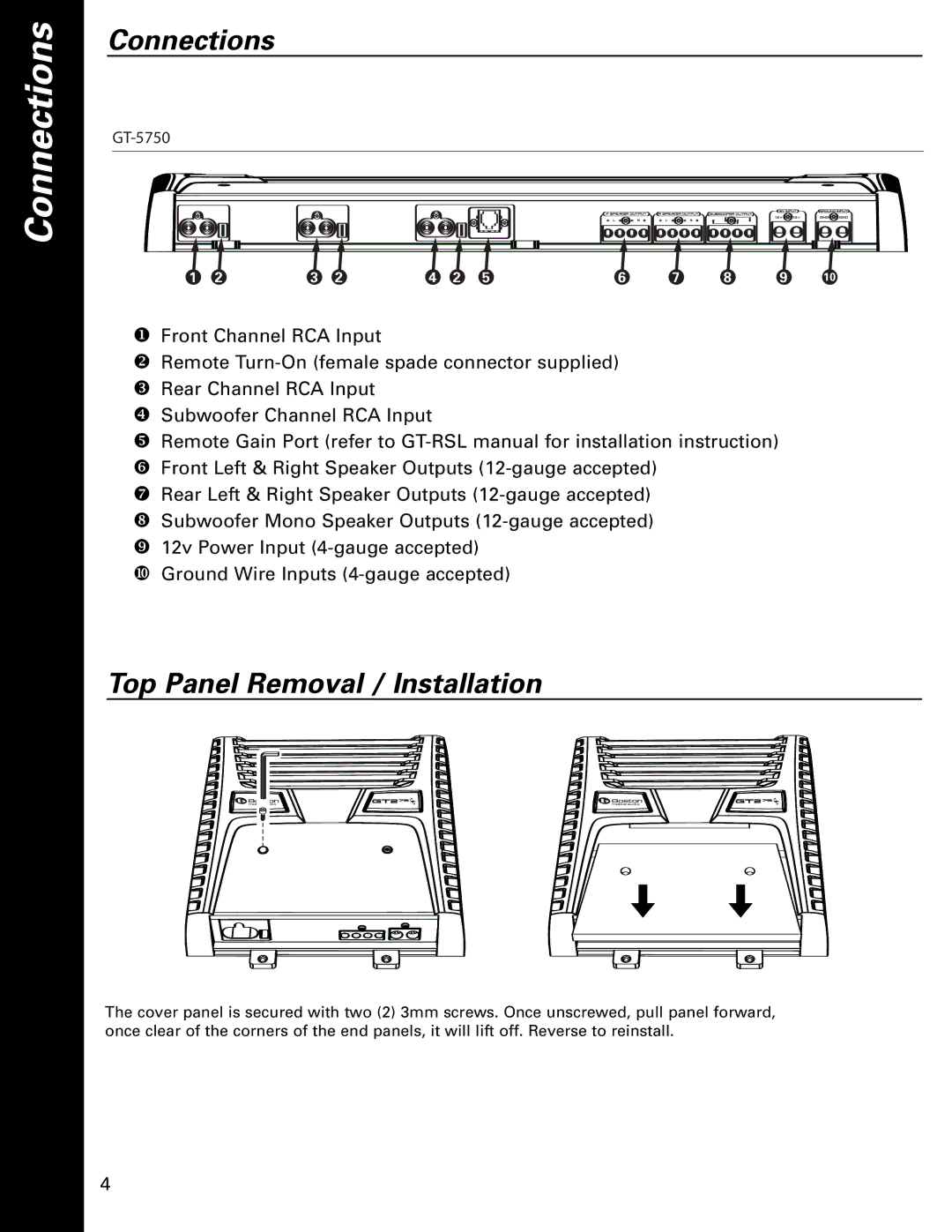 Boston Acoustics GT-5750 owner manual Connections, Top Panel Removal / Installation 