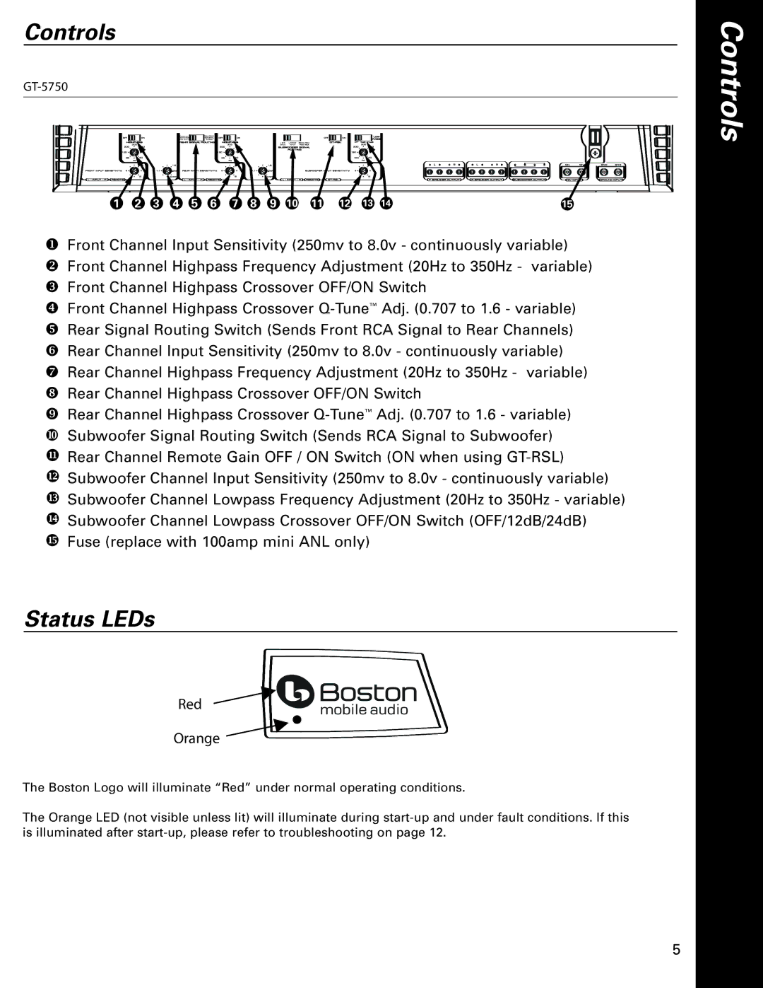 Boston Acoustics GT-5750 owner manual Controls, Status LEDs 