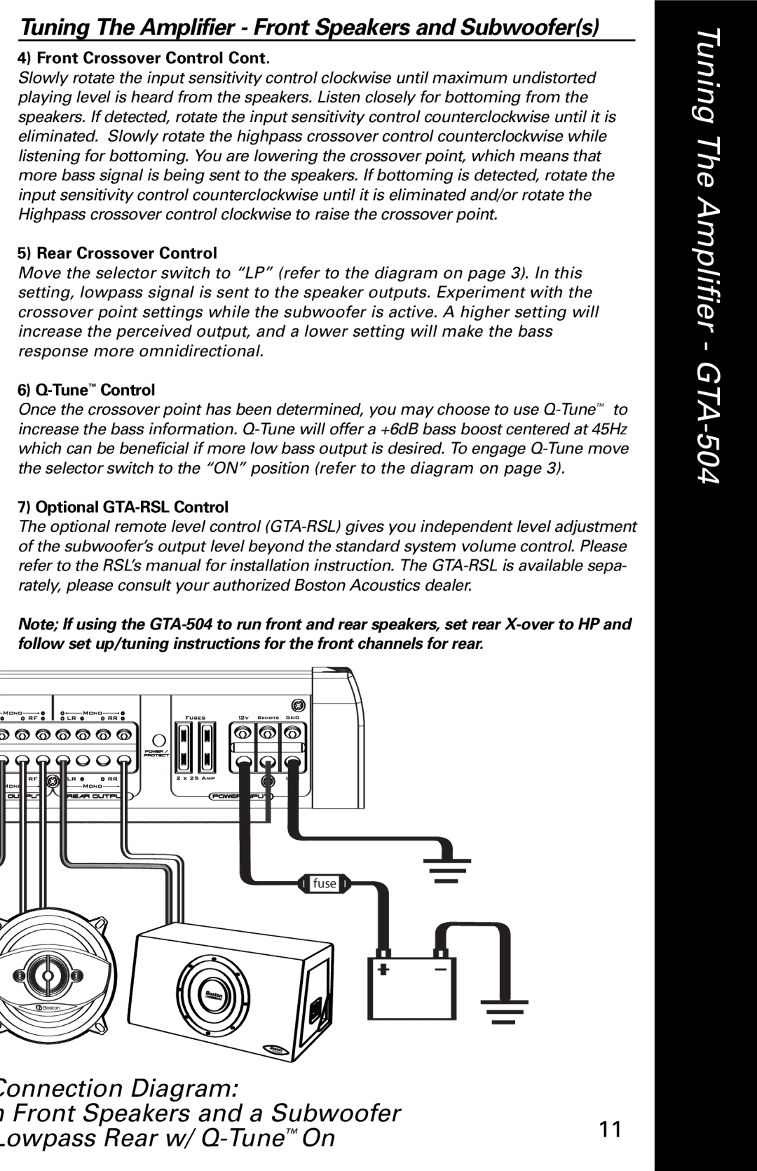 Boston Acoustics GTA-802, GTA-504, GTA-502 manual Rear Crossover Control, Optional GTA-RSL Control 