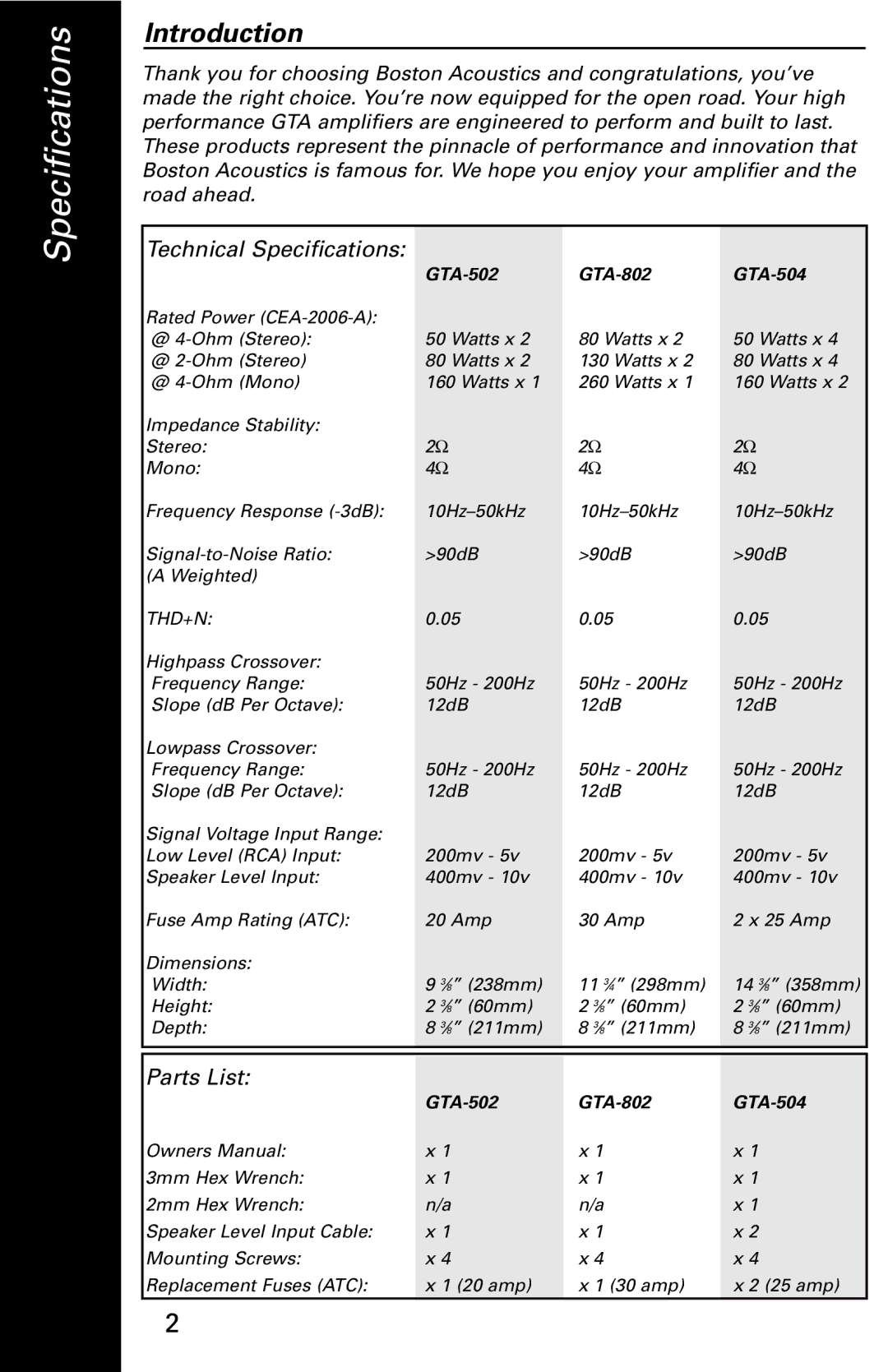 Boston Acoustics GTA-802, GTA-504, GTA-502 manual Specifications, Introduction 
